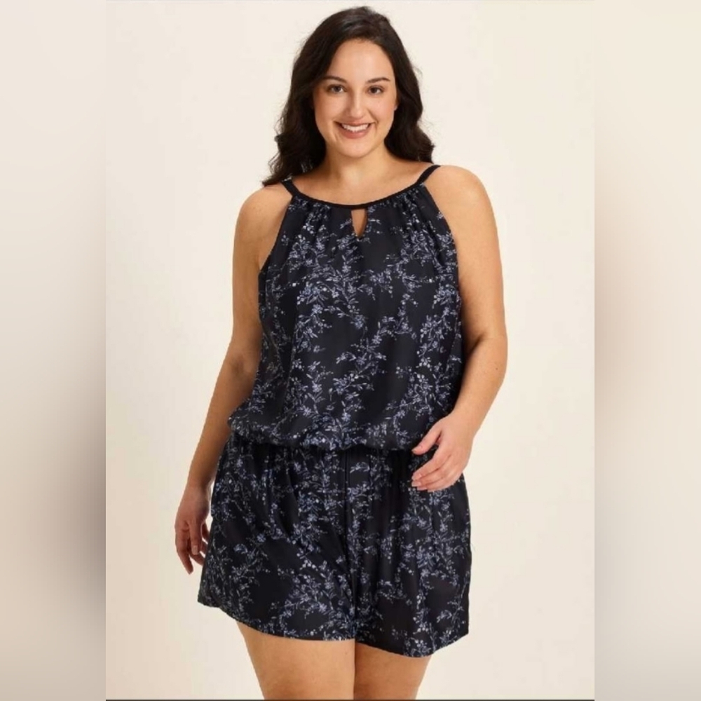Plus Size Black Floral High Neck Women's Swimsuit